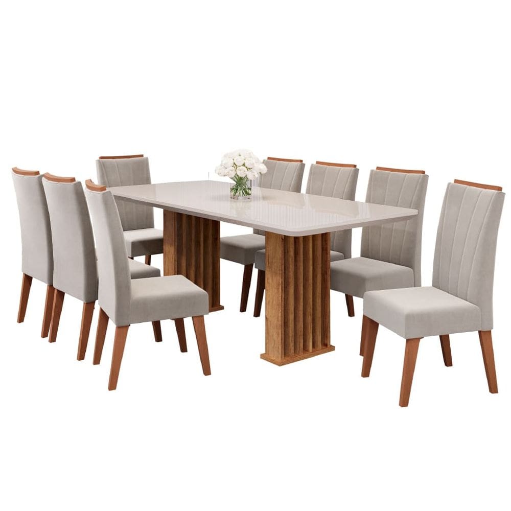 Conjunto de Mesa Sala de Jantar Ripada Tampo com Vidro Mond 2m 8 Cadeiras Sofia Madeirado Veludo