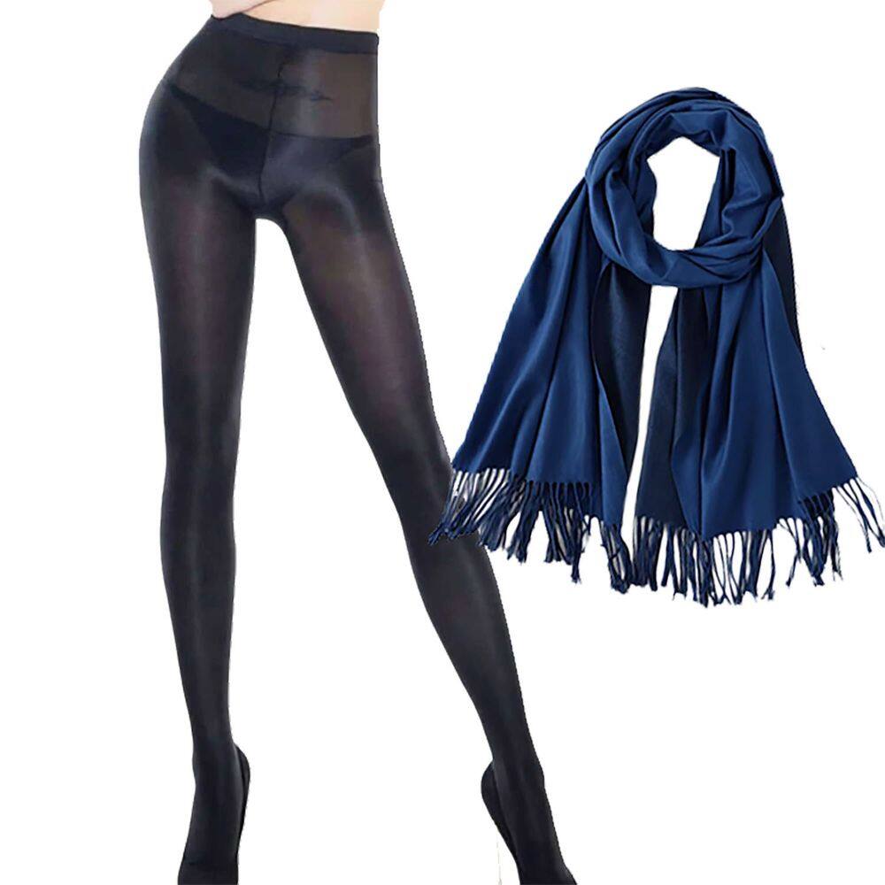 Kit Meia Calça 70D Anticelulite Brilhante Cintura Alta Preta 44/46 + Lenço Pashmina Azul Marinho Grosso = 2 Produtos