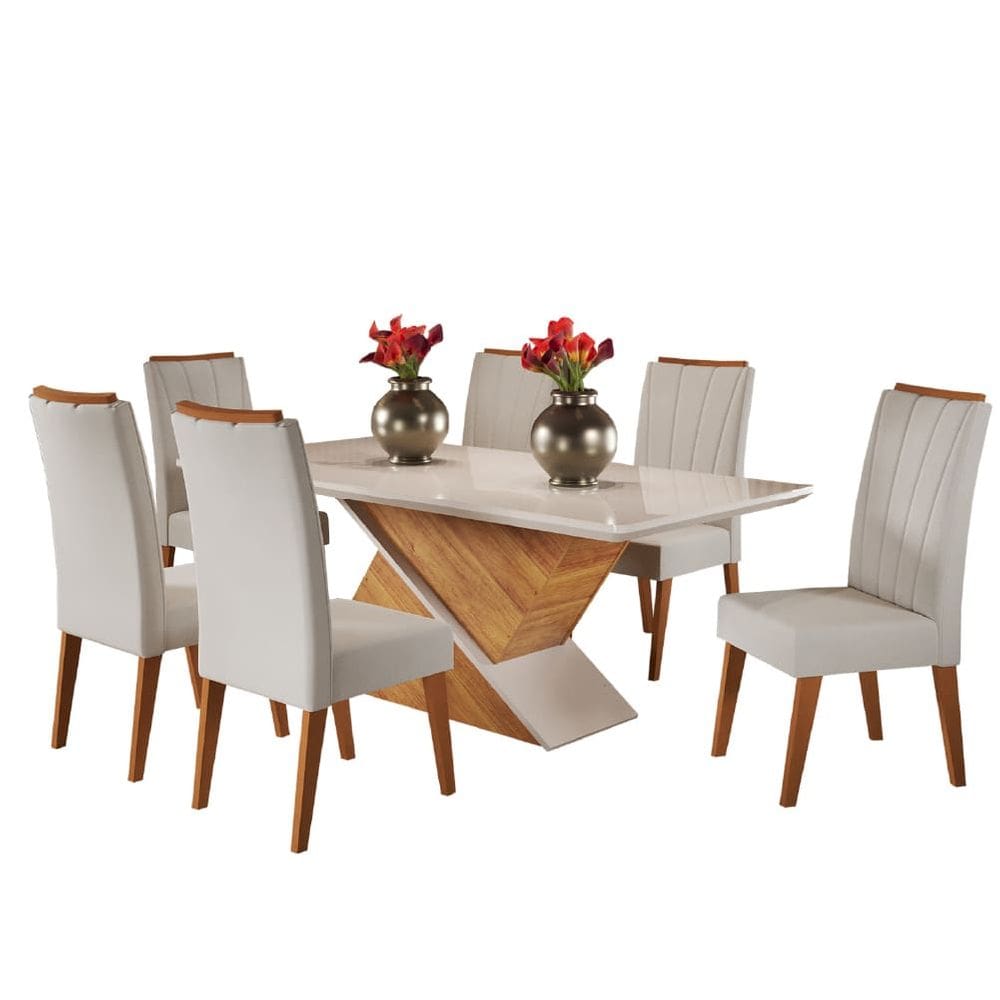 Conjunto de Mesa Sala de Jantar Tampo com Vidro Engel 1,80m 6 Cadeiras Sofia Madeirado Viero