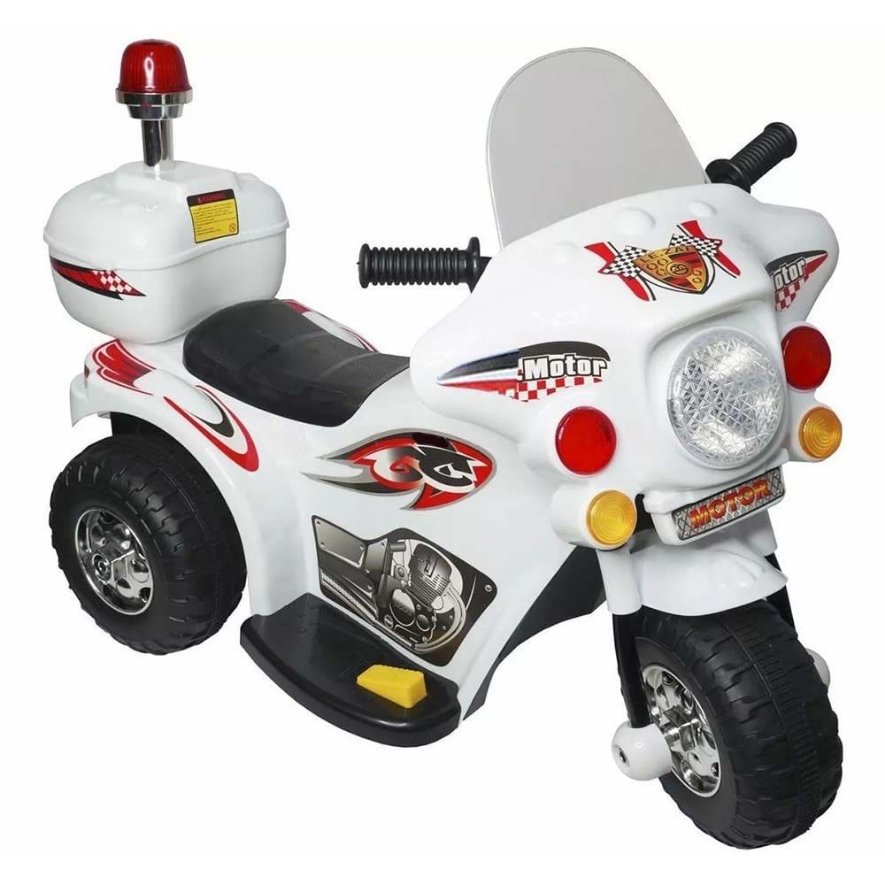 Moto Eletrica Infantil Policia Branca 6V Luz Som e Bagageiro