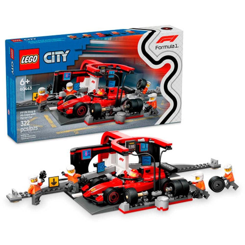 LEGO City Fórmula 1 Pit Stop e Equipe de Box com Carro da Ferrari 322 Peças 60443