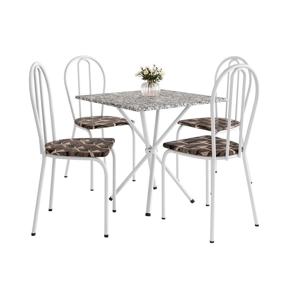 Conjunto de Mesa Quadrada com Tampo Granito e 4 Cadeiras Léia Revestimento Sintético Branco e Palha