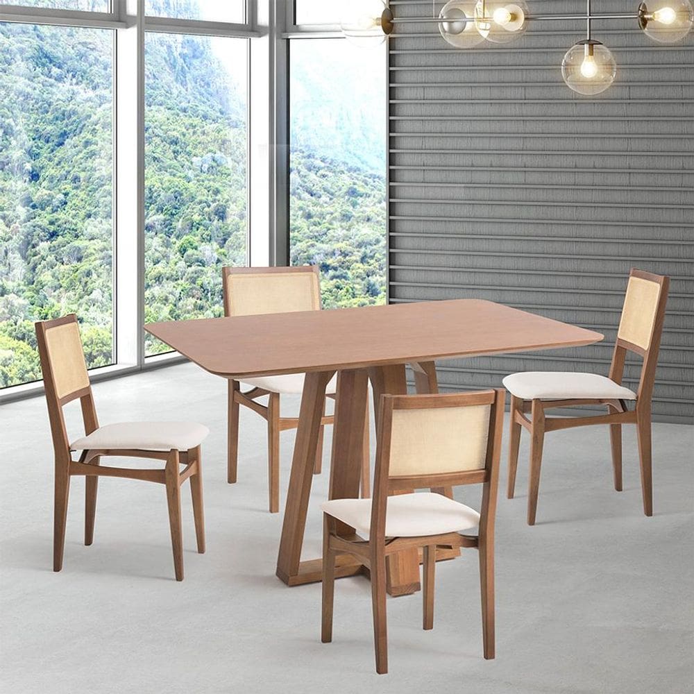 Conjunto de Mesa Retangular com Tampo de Madeira Maciça Frame e 4 Cadeiras Serena Algodão Bege Claro e Natural