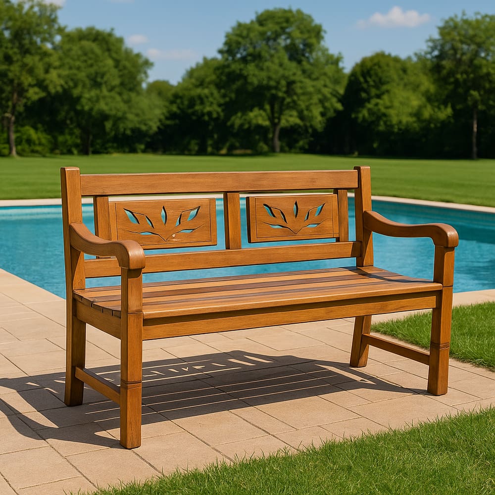 Banco de Madeira Maciça com Entalhes Decorativos – Ideal para Jardim ou Área de Lazer