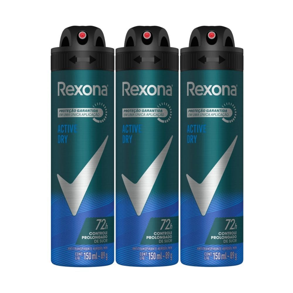 Kit 3 Desodorante Rexona Men Active Dry Aerosol Antitranspirante 72h 150ml