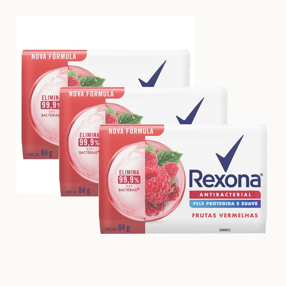 Kit 3 Sabonete em Barra Rexona Antibacterial Frutas Vermelhas 84g