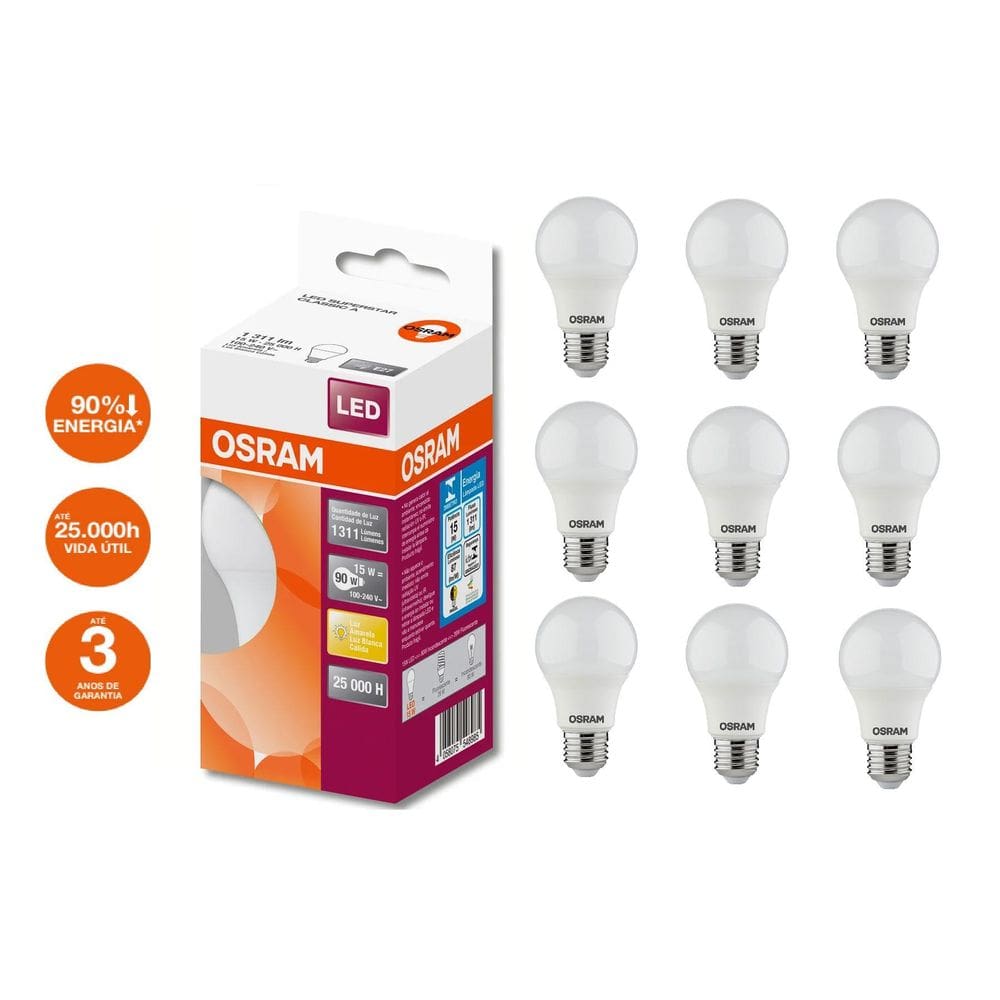 Lâmpada Led Bulbo 15W Osram Luz Amarela 3000K Kit 10Pçs