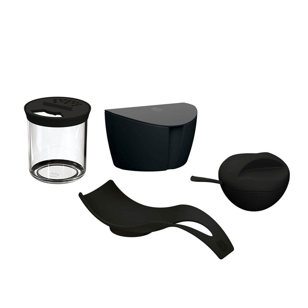 Açucareiro Saleiro Farinheiro e Apoio de Colher Preto Kit 4un