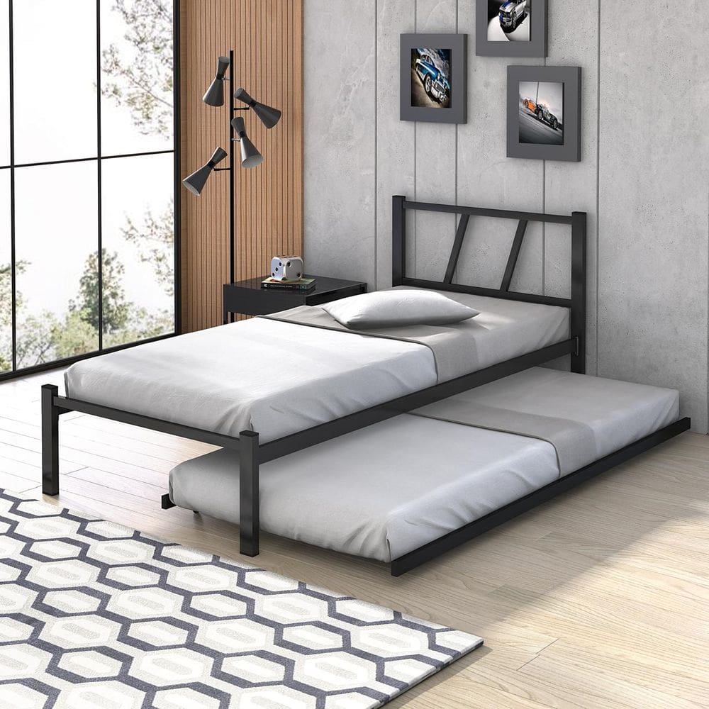 Cama Solteiro Bruna Industrial De Aço Com Auxiliar e Rodízios