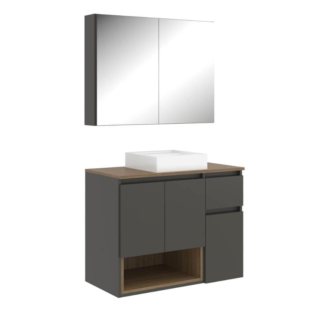 Conjunto Gabinete de Banheiro 80cm Aurora com Espelheira e Cuba Mel Grafite MDP Faema