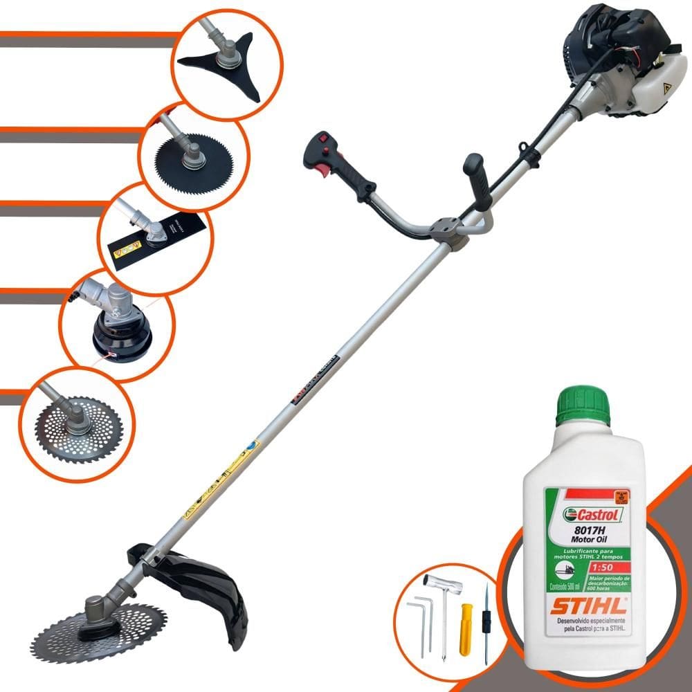 Roçadeira À Gasolina Anmax CG430-B Multifunções 12000rpm 43cc 1,7HP Completa Com 5 Opções de Cortes, Carretel e Kit 4 Facas + ÓLEO STIHL 8017 2 TEMPOS