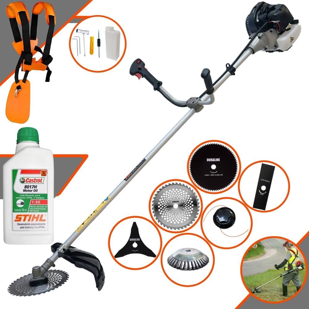 Roçadeira Podador de Grama Anmax CG430B À Gasolina 43cc 1,7HP Com 6 Opções de Cortes, Carretel + Kit 4 Facas + Escova de Aço Circular + ÓLEO STIHL 2T
