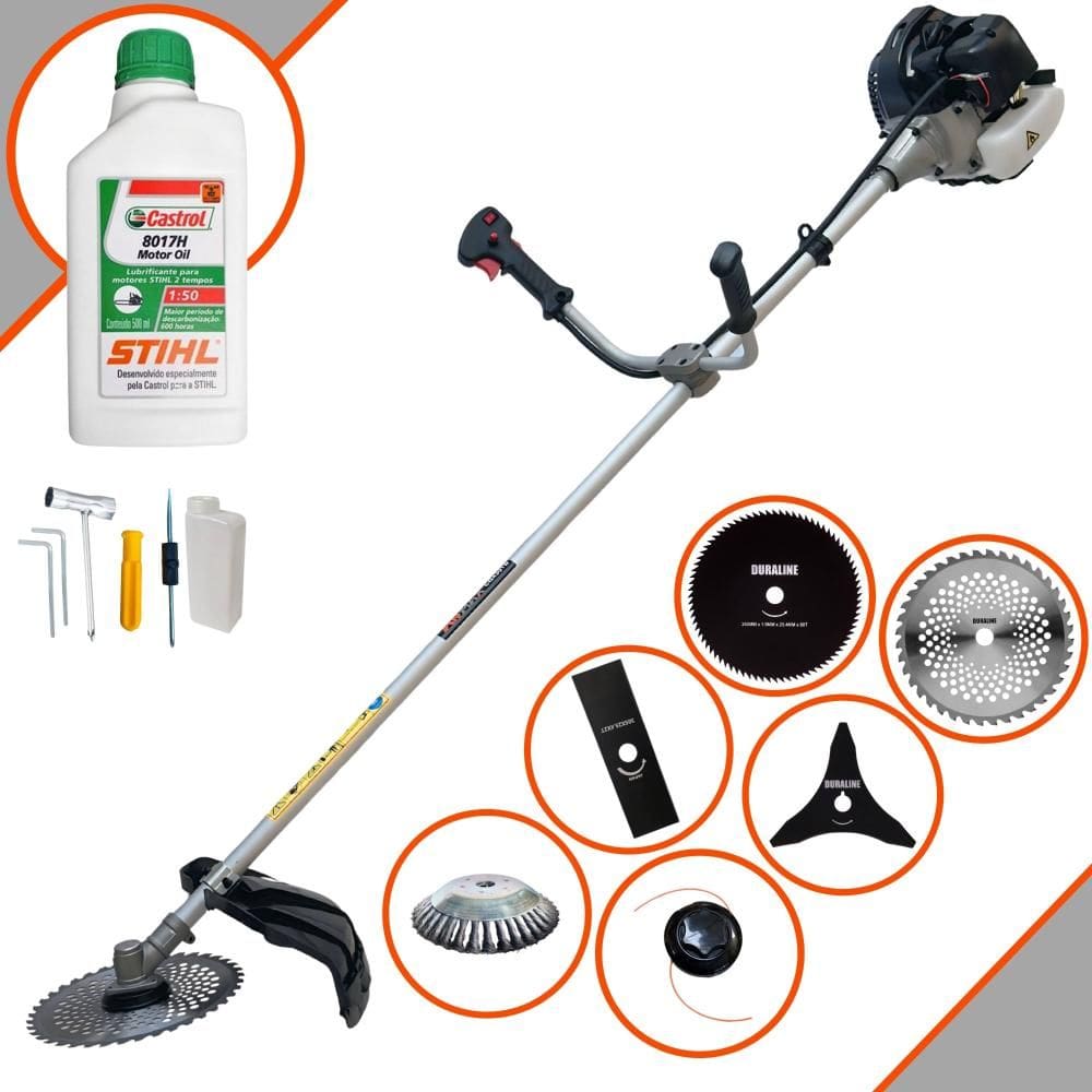 Roçadeira Anmax CG430B À Gasolina 43cc 1,7HP 6 Em 1 Com Carretel + Faca 2 Pontas, 3 Pontas, 40 Dentes e 80 Dentes + Escova de Aço + ÓLEO STIHL 2T