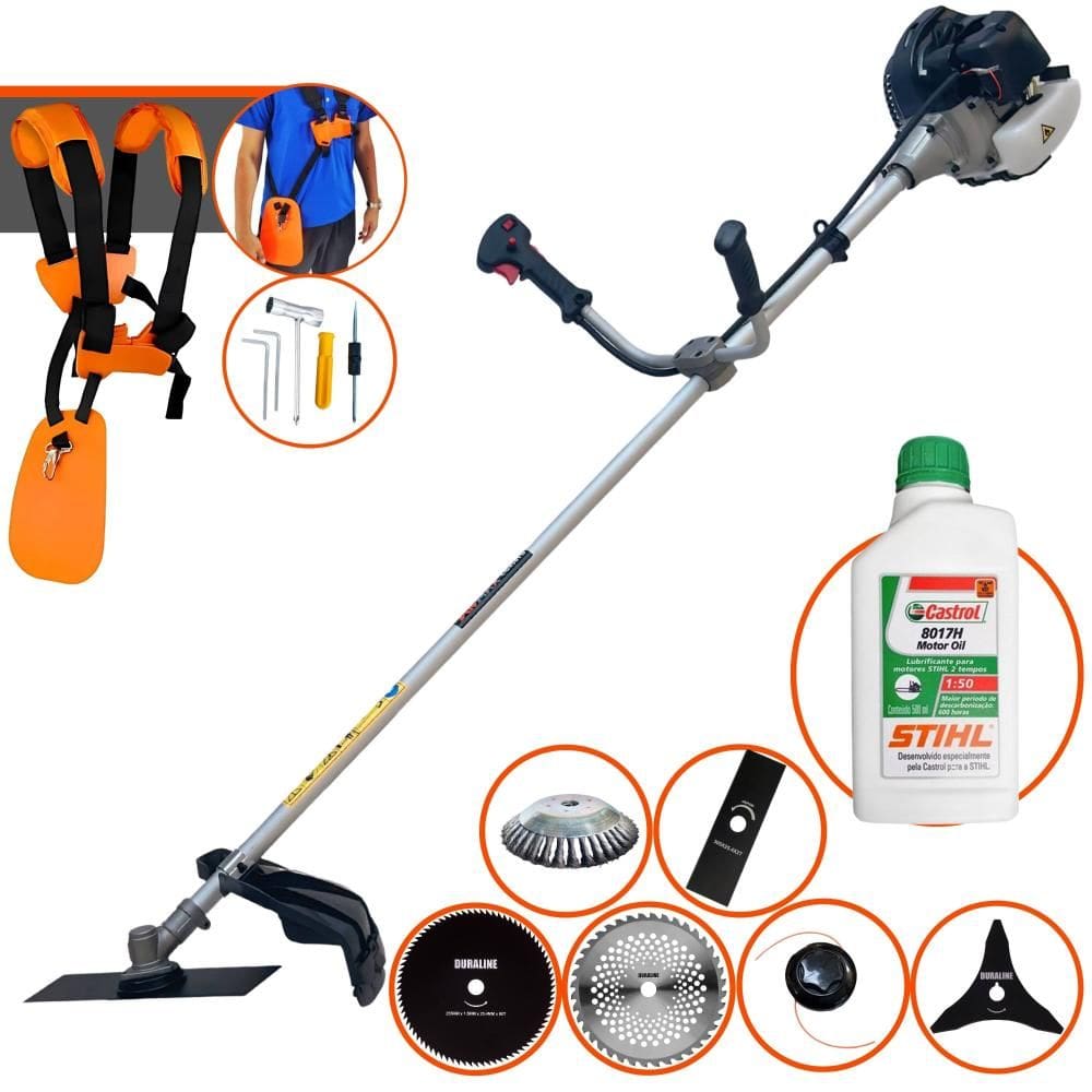 Roçadeira Aparador de Grama À Gasolina Anmax CG430-B 43cc 1,7HP 12.000rpm Completo Com Kit 4 Lâminas + Carretel + Escova de Aço + ÓLEO STIHL 2T