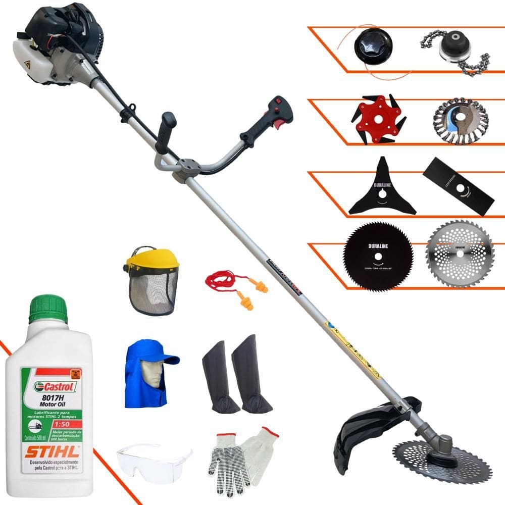 Roçadeira CG430-B Anmax 43cc 1,7HP Com Carretel + Facas 2 Pontas, 3 Pontas, 6 Pontas, 40 Dentes, 80 Dentes, Trimmer e Escova de Aço + EPI + ÓLEO STIHL