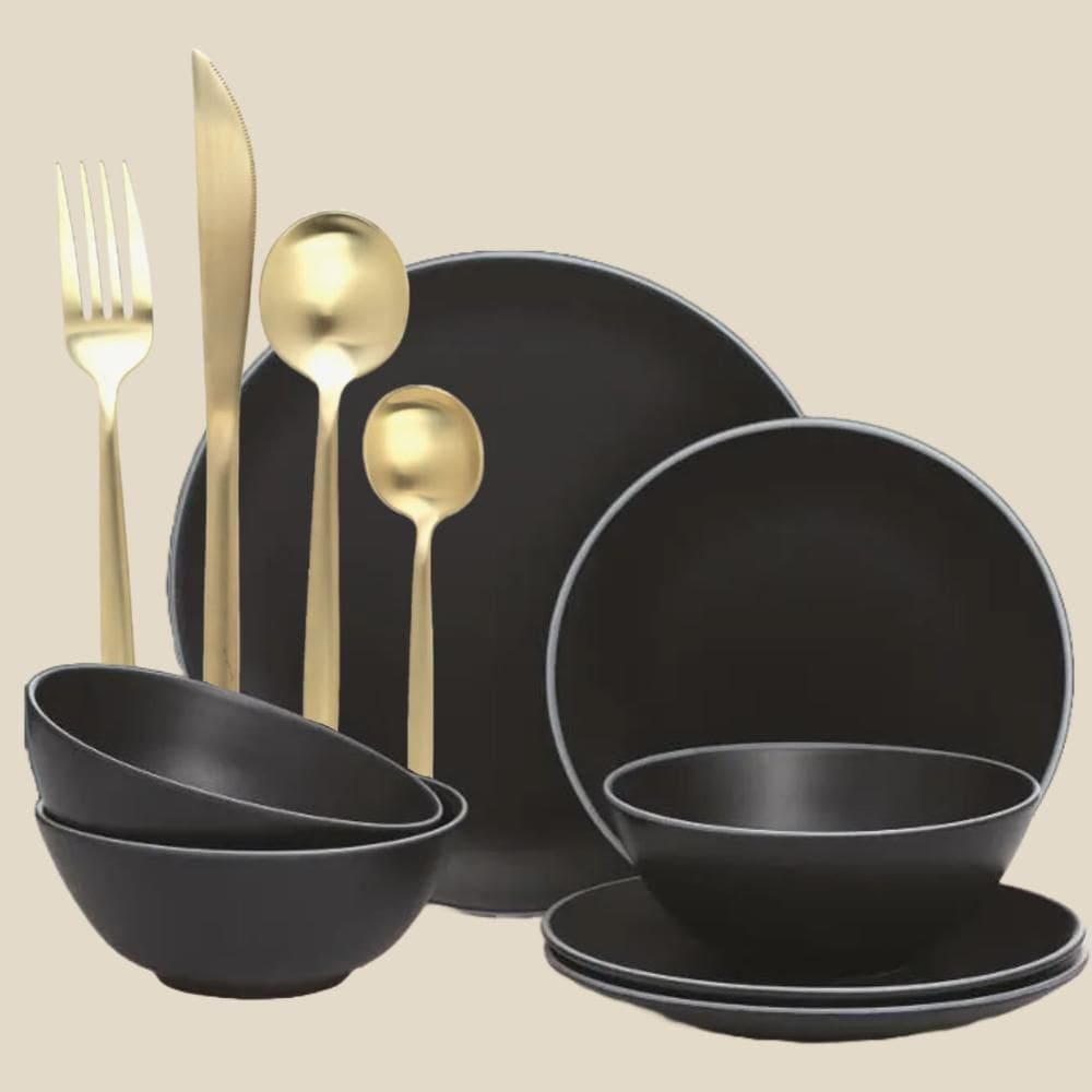 Kit Aparelho de Jantar Preto - Mason Cash + Faqueiro Scandi Champanhe com 34 peças - A\CASA