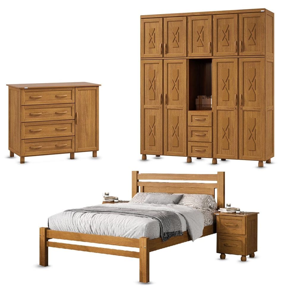 Conjunto Quarto Carvalho Casal: Guarda-Roupa 9 Portas Cama Cômoda Sapateira 2 Mesas Cabeceira Madeira Pinus - Tozzeto