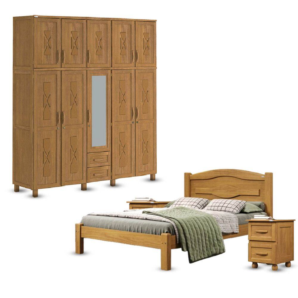 Conjunto Quarto Carvalho Casal: Guarda-Roupa 10 Portas Cama e 2 Mesas de Cabeceira Madeira Pinus - Tozzeto