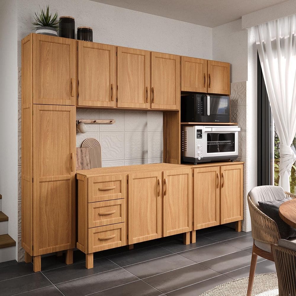 Armário de Cozinha Modular Freijó 4 peças: Balcão, Aéreo, Paneleiro e Torre Quente Madeira Pinus - Tozzeto