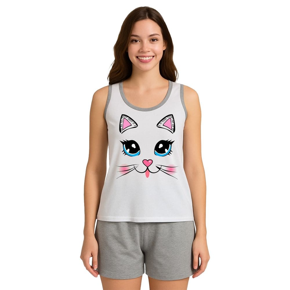 Pijama Feminino Adulto Regata e Short Estampa Gatinha