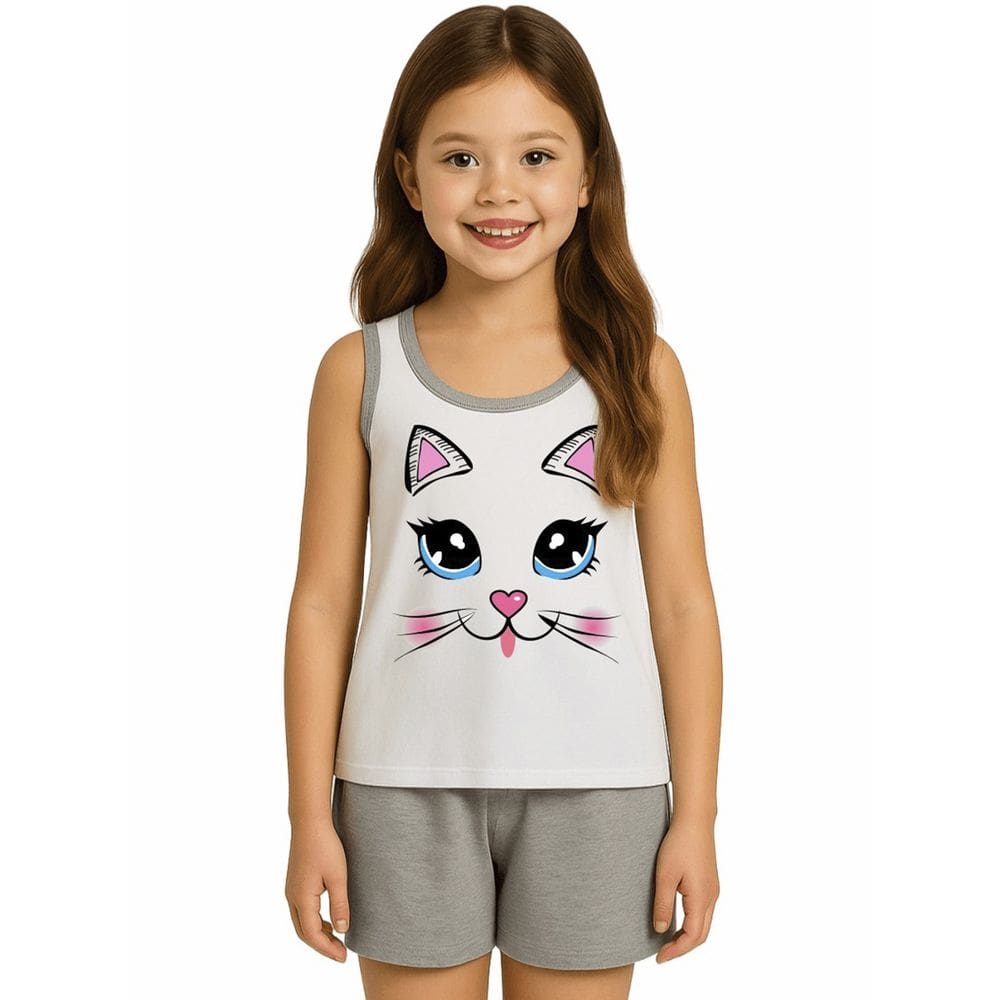 Pijama Infantil Regata e Short Estampa Gatinha