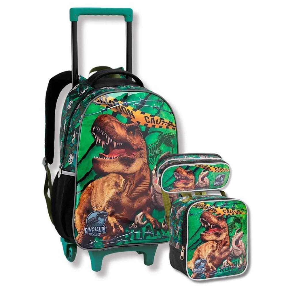 Kit Mochila Rodinhas Lancheira Térmica Estojo Dino Meninos