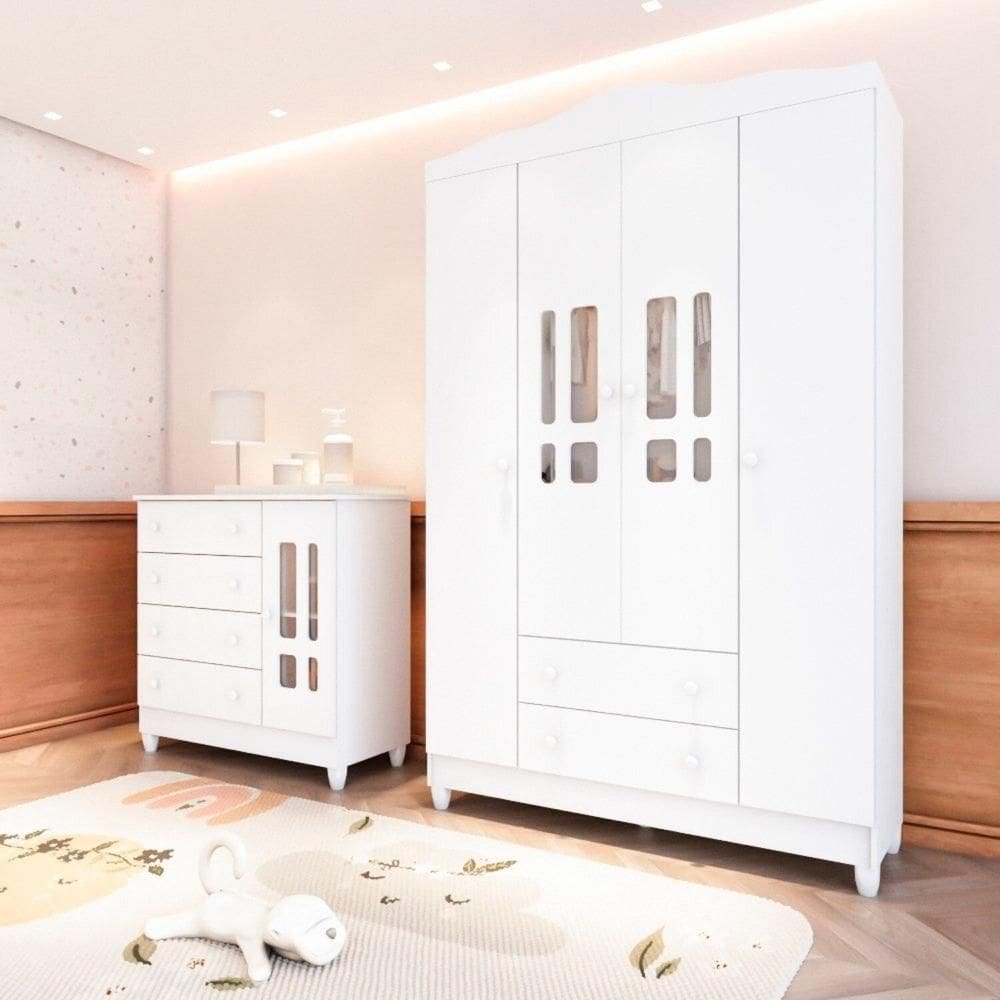 Quarto de Bebê Completo com Cômoda e Roupeiro Ariel Branco