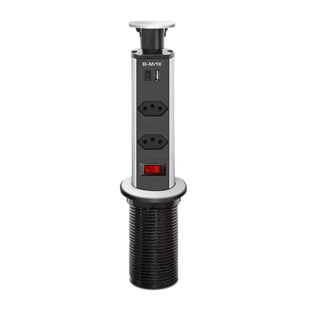 Torre de tomada embutida retrátil com sistema Push to Open, 2 tomadas, USB, Tipo C e proteção infantil. Ideal para cozinhas e escritórios