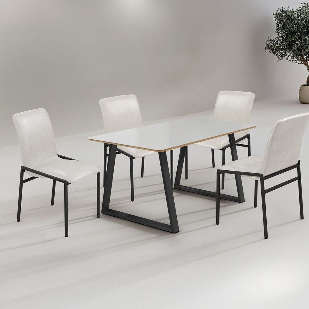 Conjunto Sala de Jantar Tampo Mdf Vidro 4 Cadeiras Premium Preto Fosco / Off White