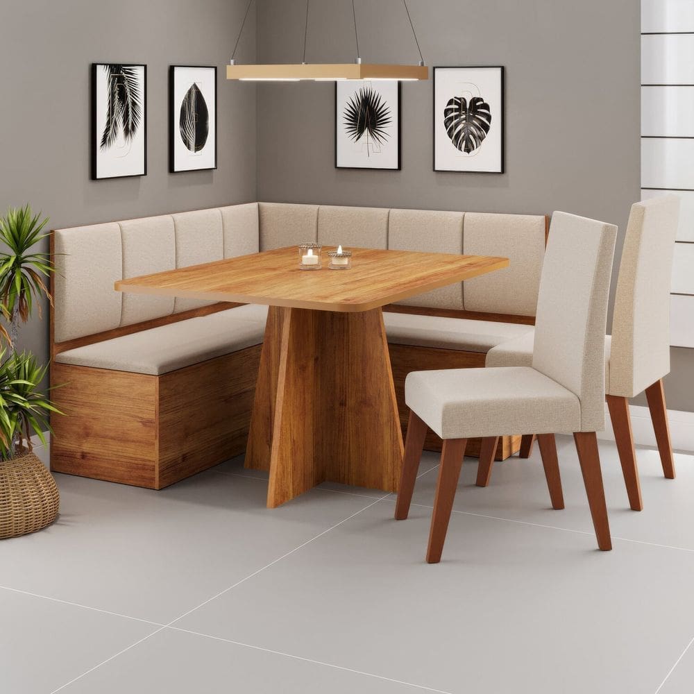 Conjunto Canto Alemão com Baú Mesa 120x77,5cm Tampo sem Vidro com 2 Cadeiras Milão Mel/Bronze
