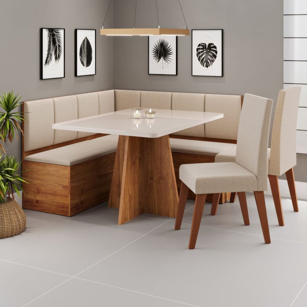 Conjunto Canto Alemão com Baú Mesa 120x77,8cm Tampo com Vidro e 2 Cadeiras Milão Mel/Off White/Bronze