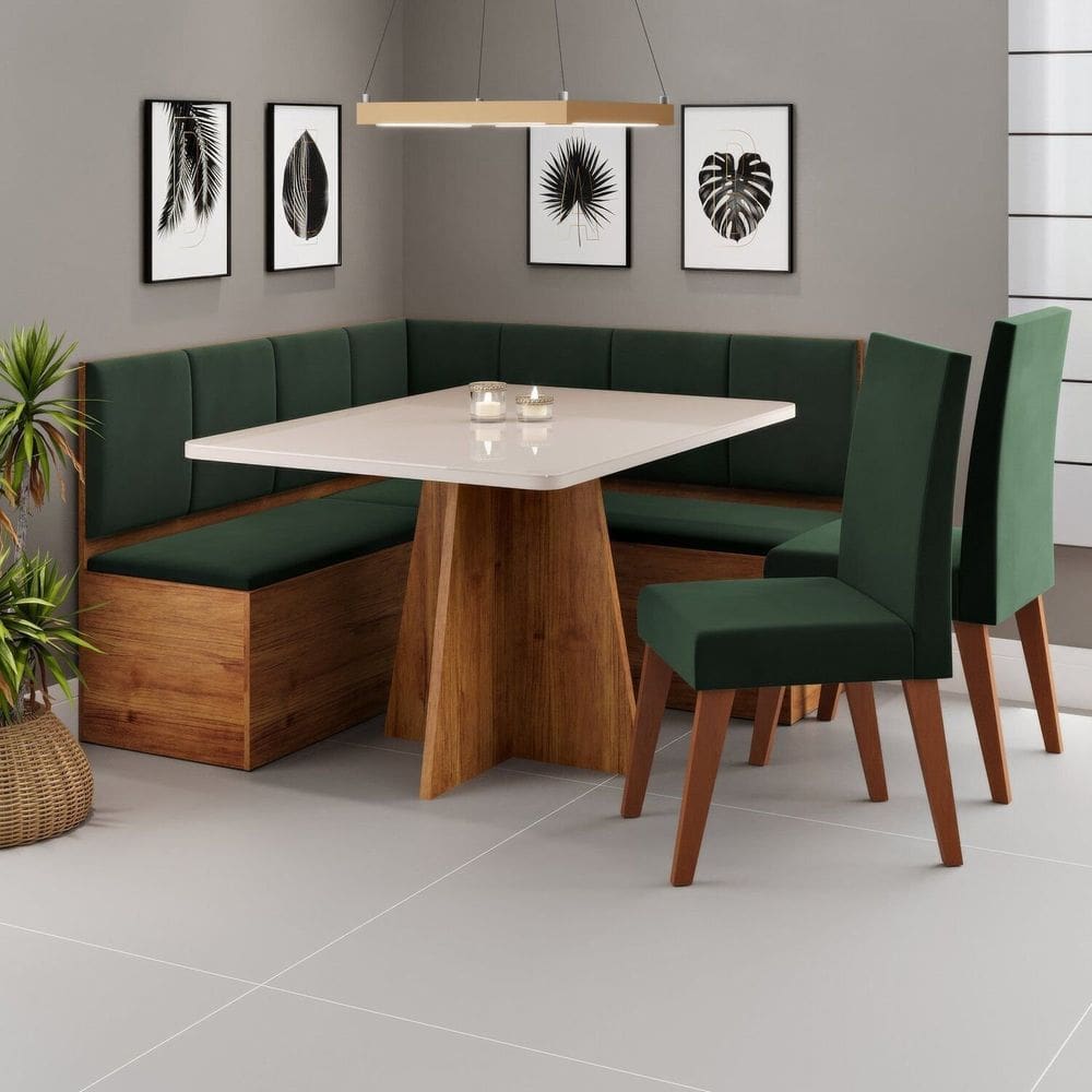 Conjunto Canto Alemão com Baú Mesa 120x77,8cm Tampo com Vidro e 2 Cadeiras Milão Mel/Off White/Verde