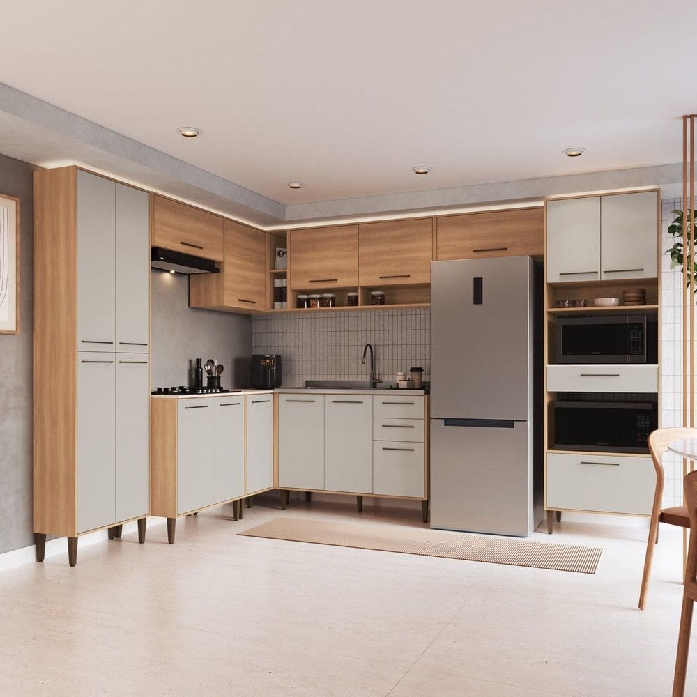 Cozinha Modulada Completa 9 Peças com Torre Quente e Paneleiro Duplo 18 Portas 3 Gavetas Jade Freijó / Arenas