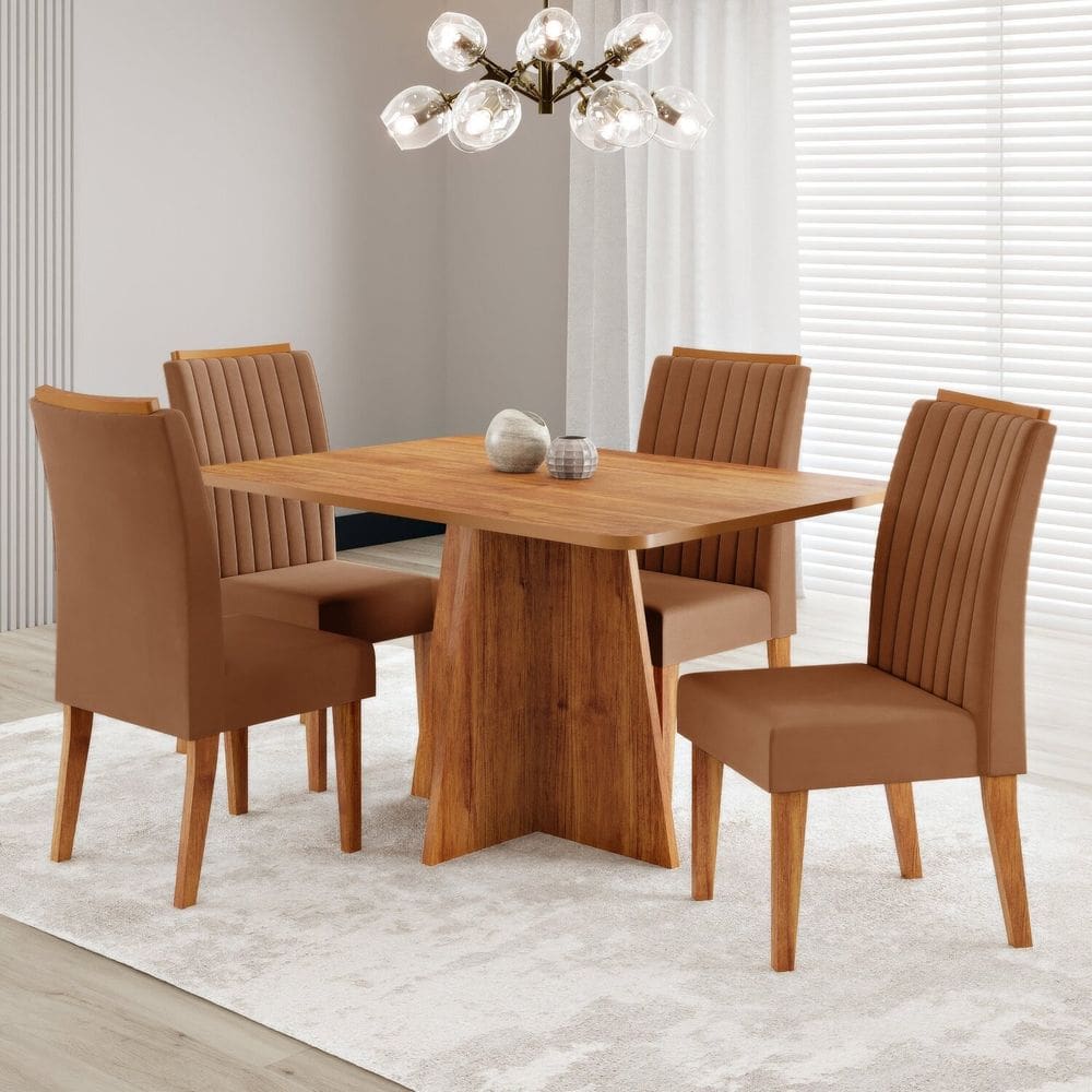 Conjunto Sala de Jantar Mesa 120x77,5cm Tampo sem Vidro com 4 Cadeiras Tannat Mel/Terracota