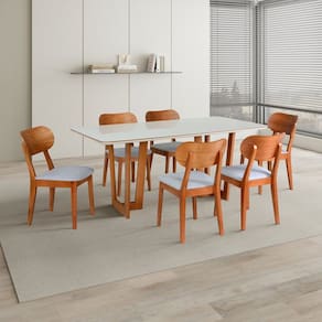 Conjunto Mesa com 6 Cadeiras de Madeira Maciça Multilaminada e Estofada Authentic Espresso Móveis Champagnhe/Off White/Cinza