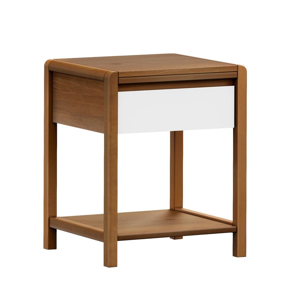 Mesa de Cabeceira em Madeira Maciça 1 Gaveta Modena Amêndoa/Branco