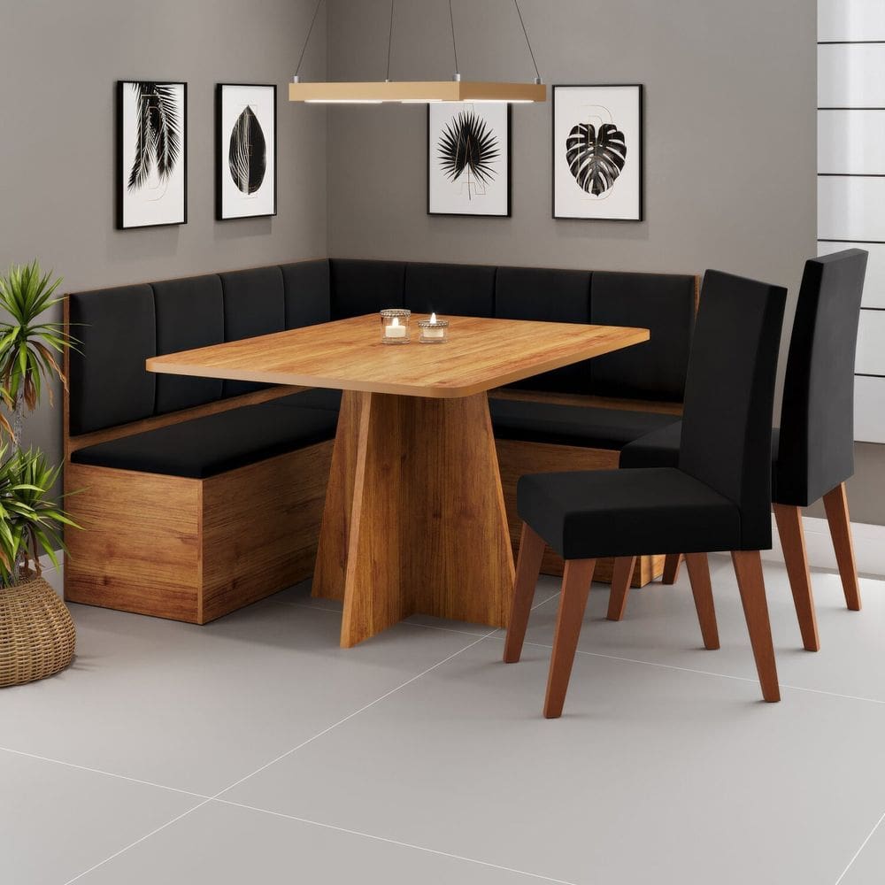 Conjunto Canto Alemão com Baú Mesa 120x77,5cm Tampo sem Vidro com 2 Cadeiras Milão Mel/Preto
