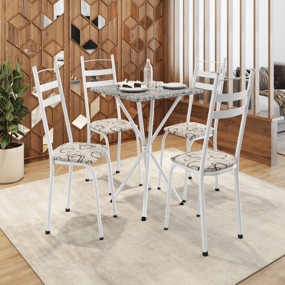 Conjunto de Mesa com 4 Cadeiras Leia Branco/Madeira Cedro/Ocre