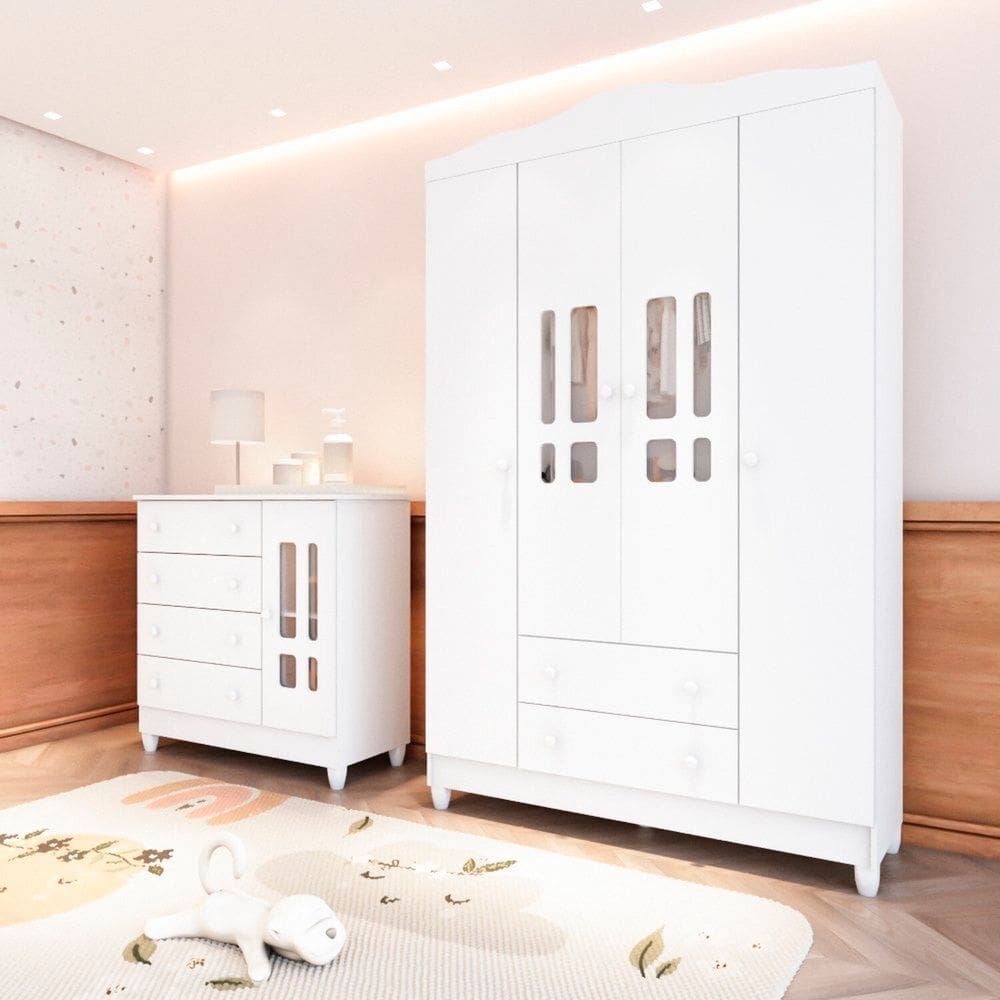 Quarto de Bebê Completo com Cômoda e Roupeiro Ariel Branco
