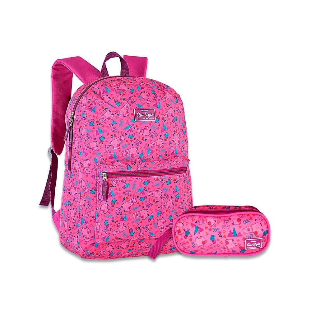 Kit Escolar Mochila Costas E Estojo Lhama Infantil Cor Rosa