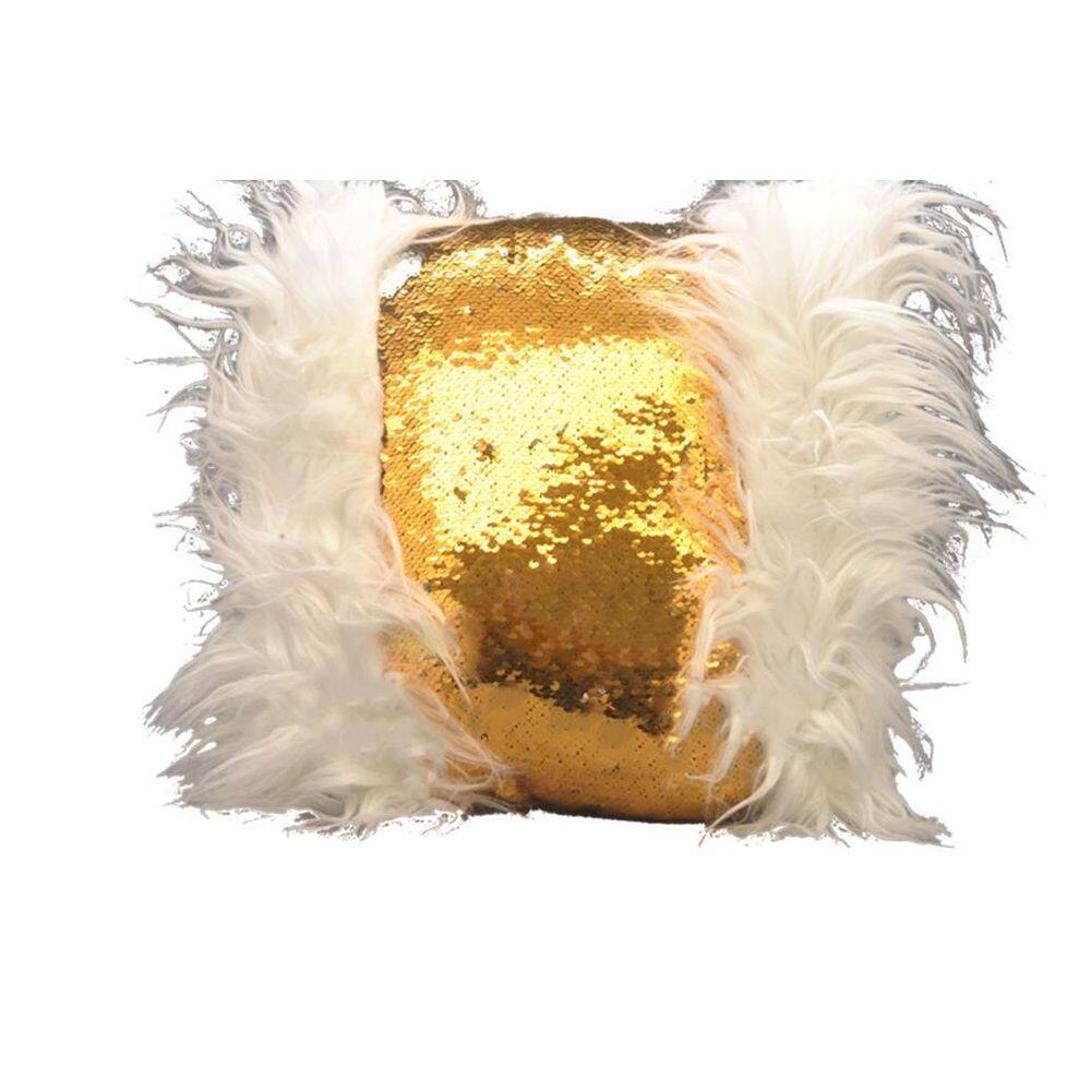 Almofada Pelo Longo Branco Com Paetê Dourado E Prata Moda