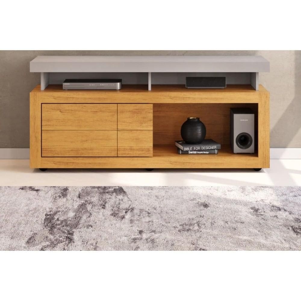 Rack Bancada p/ TV até 50 Pol Verano c/ 1 Porta e Rodízios 136cm Bali/Cedro - DJ Móveis