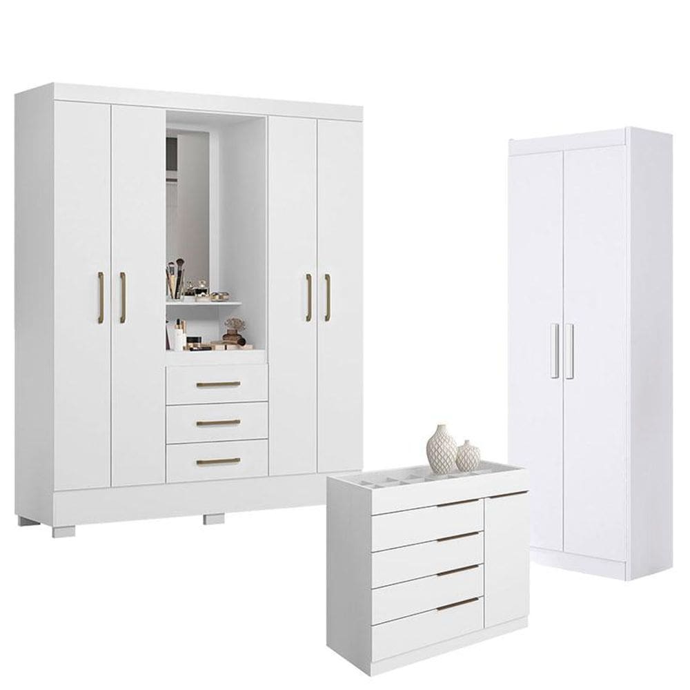 Guarda Roupa Solteiro Paris 2045150 com Armário Multiuso 2 Portas 2000191 e Cômoda Sapateira Sevilha 2004147 Branco - Aramóveis