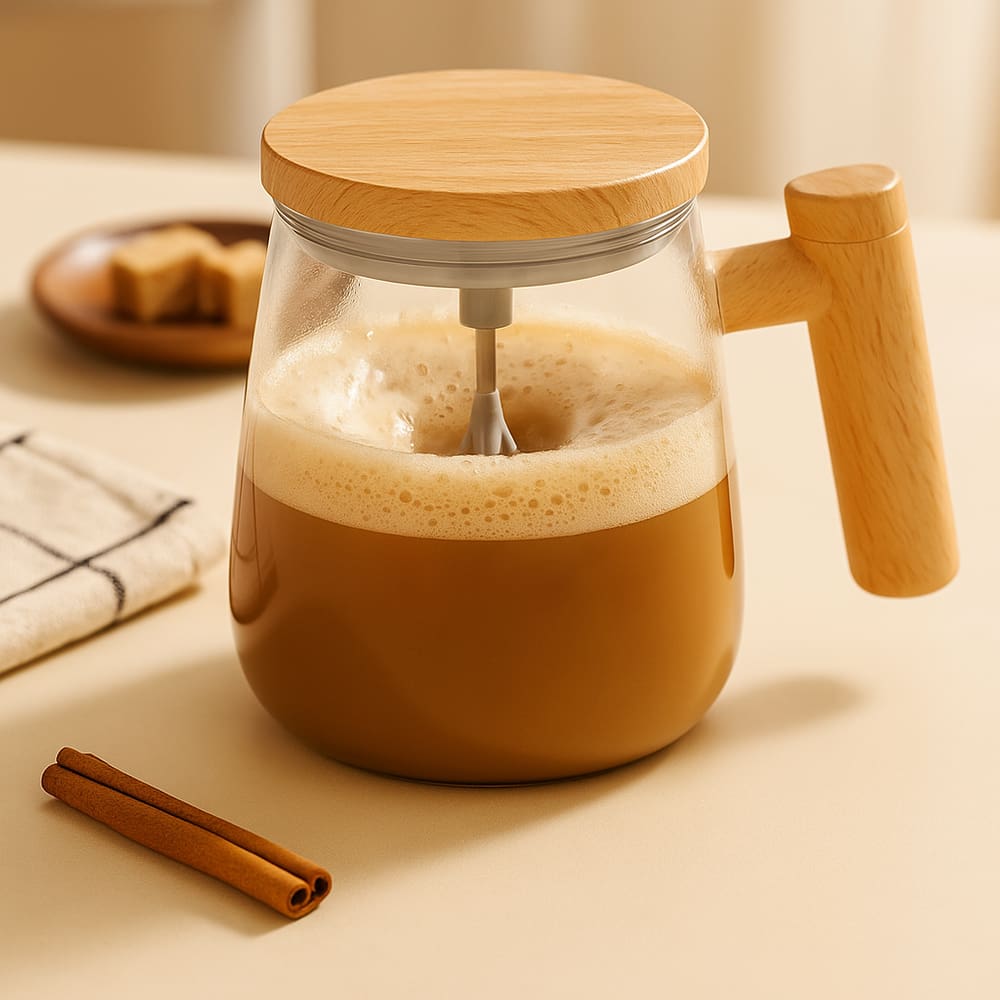 Caneca Elétrica Mixer USB de Vidro Borossilicato 400ml com Cabo de Madeira – Ideal para Café, Chá e Bebidas Quentes