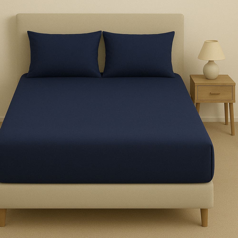 Kit De Lençol Malha Sofee e Par De Fronha 100% Algodão Queen 158x198cm - Azul Escuro