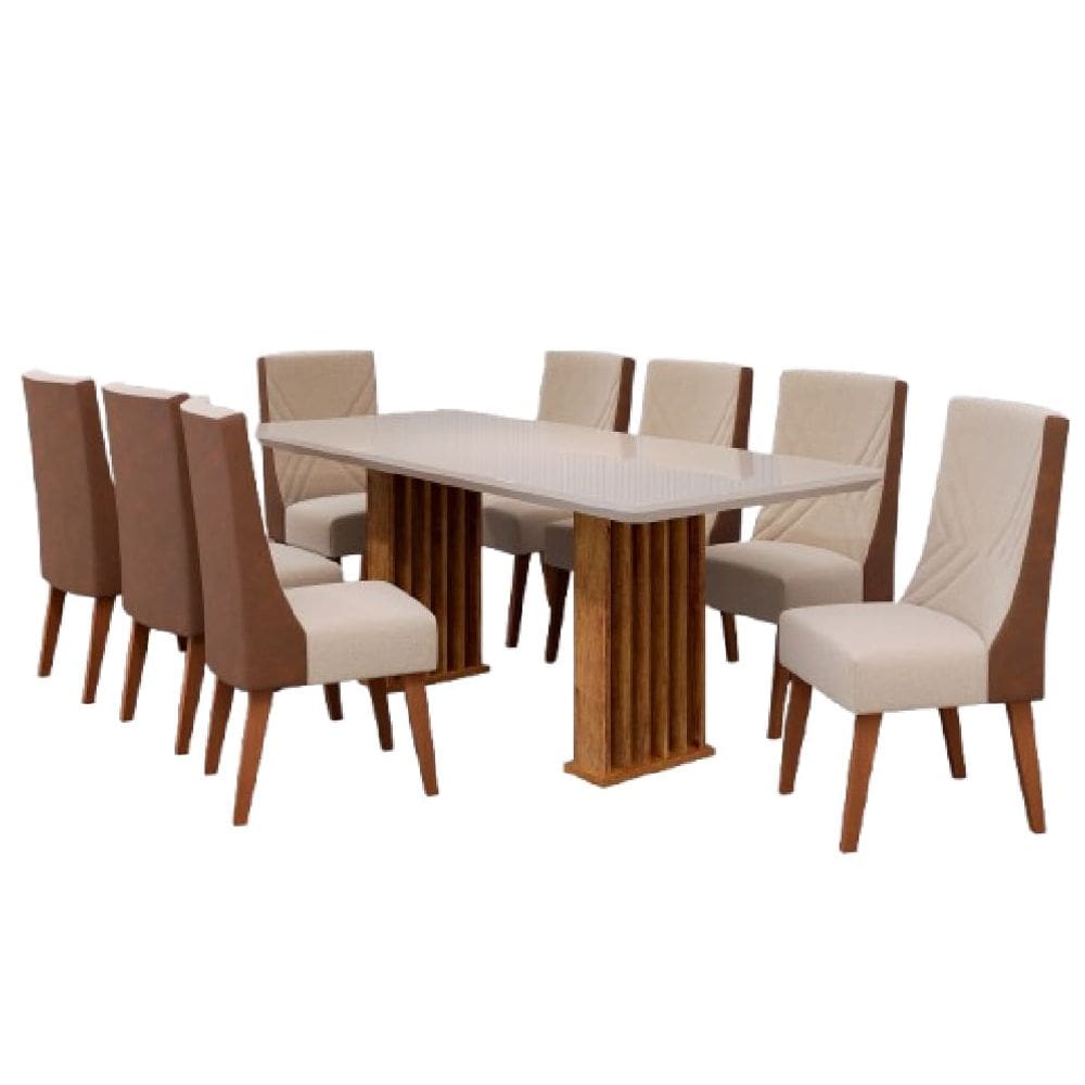 Conjunto de Mesa Sala de Jantar Ripada Tampo com Vidro Mond 2m 8 Cadeiras Tifany Madeirado Viero