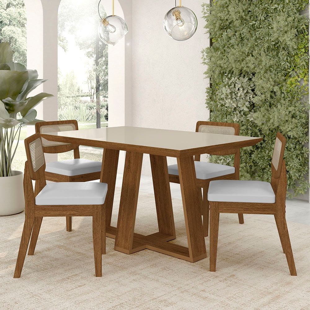 Conjunto Mesa Lins 4 Cadeiras Sextavada Freijó/off/corino Branco - M.a