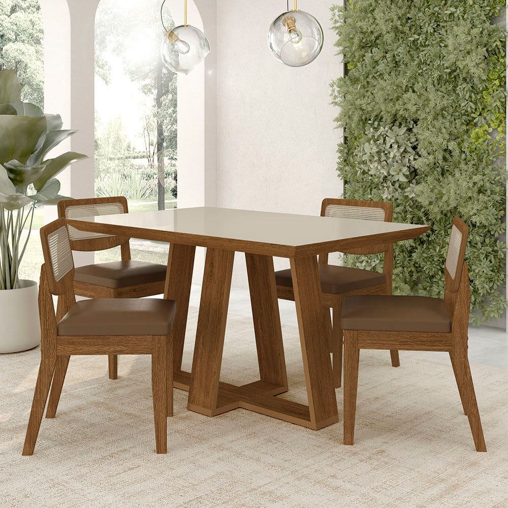 Conjunto Mesa Lins 4 Cadeiras Sextavada Freijó/off/cr. Caramelo - M.a