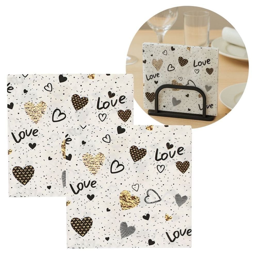 Jogo Guardanapo Estampado Corações Love Branco e Dourado 40 Folhas - Tuut