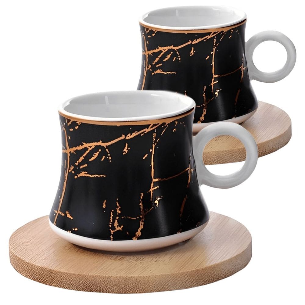 Jogo de Xícaras Preta Norway para Café com Pires em Porcelana e Bambu 80ML - 4 Peças